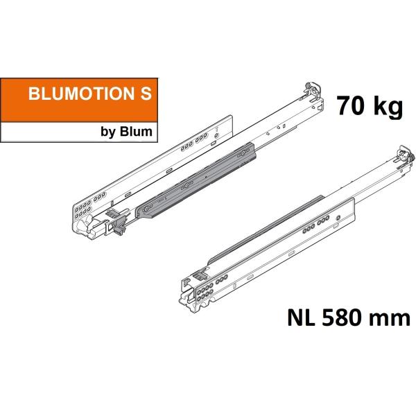 MOVENTO mit BLUMOTION S, Vollauszug für Holzschubkasten, 70 kg, NL=580mm, ohne Kupplungen, für TIP-ON-Blumotion, 766H5800S